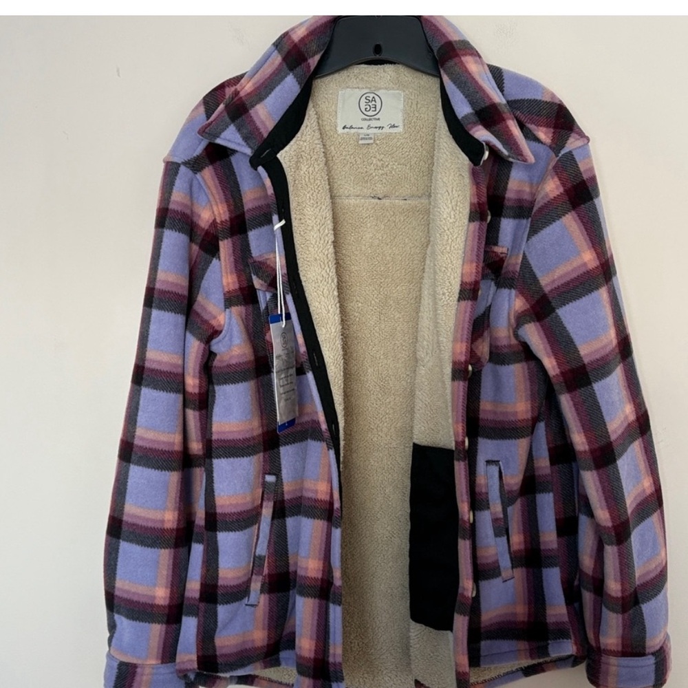 NWOT SAGE LADIES SHERPA PLAID BUTTON DOWN SHACKET SIZE LARGE - Picture 7 of 9